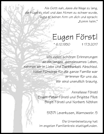 Anzeige von Eugen Förstl von Kölner Stadt-Anzeiger / Kölnische Rundschau / Express