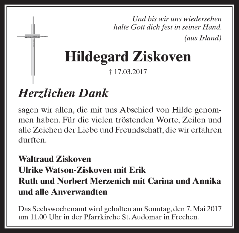  Traueranzeige für Hildegard Ziskoven vom 22.04.2017 aus  Sonntags-Post 