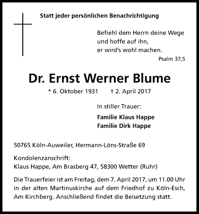  Traueranzeige für Ernst Werner Blume vom 04.04.2017 aus Kölner Stadt-Anzeiger / Kölnische Rundschau / Express