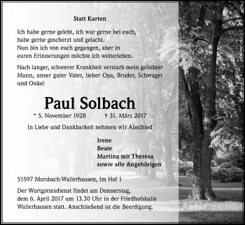 Anzeige von Paul Solbach von Kölner Stadt-Anzeiger / Kölnische Rundschau / Express