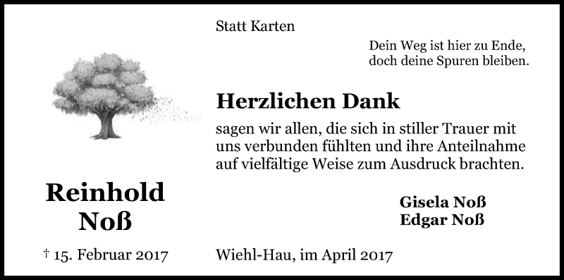  Traueranzeige für Reinhold Noß vom 01.04.2017 aus Kölner Stadt-Anzeiger / Kölnische Rundschau / Express