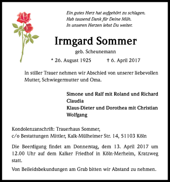 Anzeige von Irmgard Sommer von Kölner Stadt-Anzeiger / Kölnische Rundschau / Express