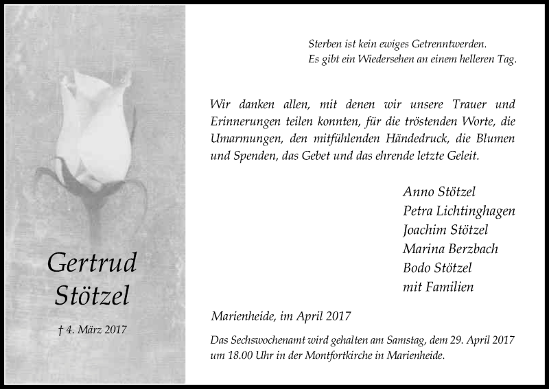  Traueranzeige für Gertrud Stötzel vom 22.04.2017 aus Kölner Stadt-Anzeiger / Kölnische Rundschau / Express