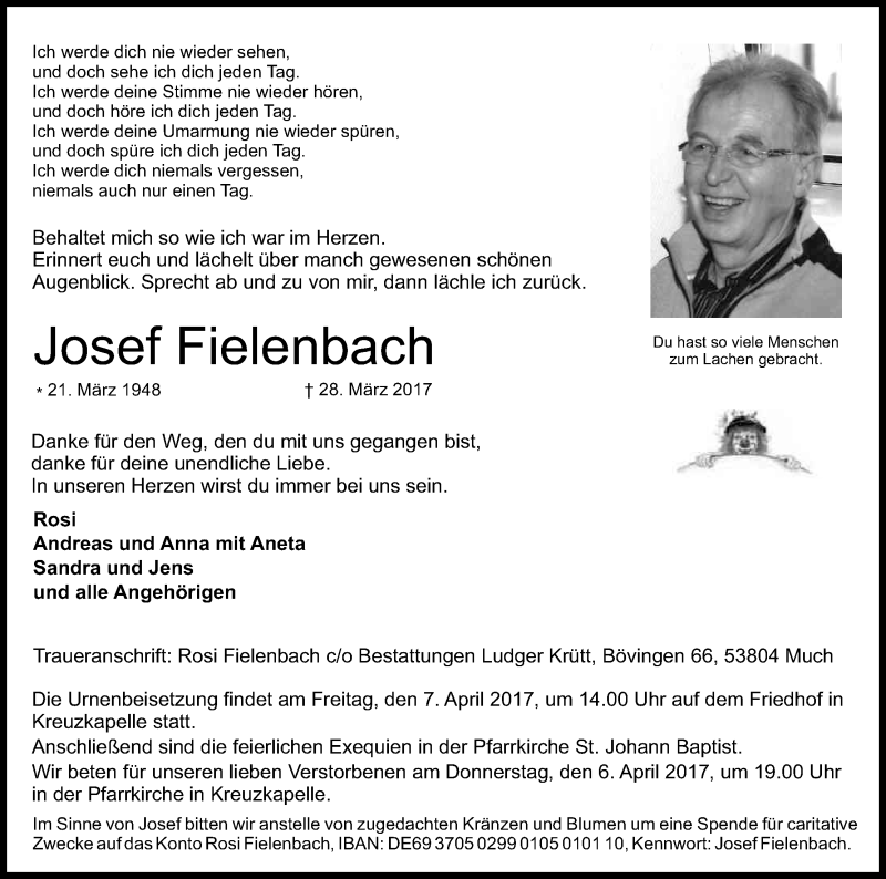  Traueranzeige für Josef Fielenbach vom 01.04.2017 aus Kölner Stadt-Anzeiger / Kölnische Rundschau / Express