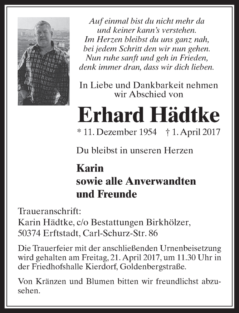  Traueranzeige für Erhard Hädtke vom 19.04.2017 aus  Werbepost 
