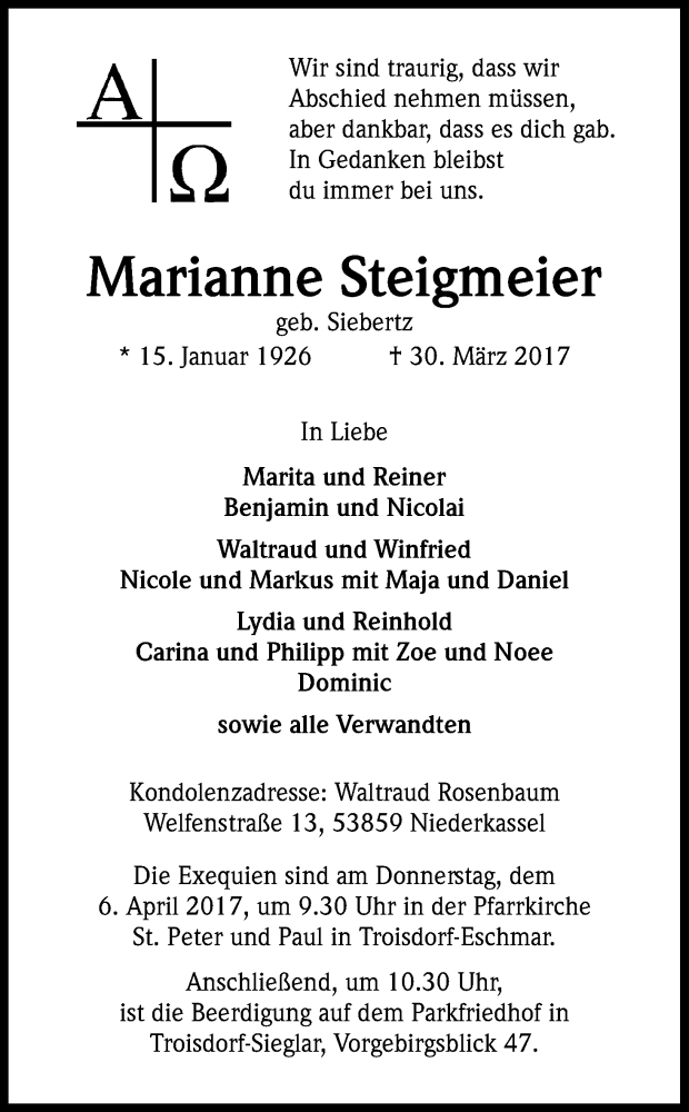  Traueranzeige für Marianne Steigmeier vom 03.04.2017 aus Kölner Stadt-Anzeiger / Kölnische Rundschau / Express