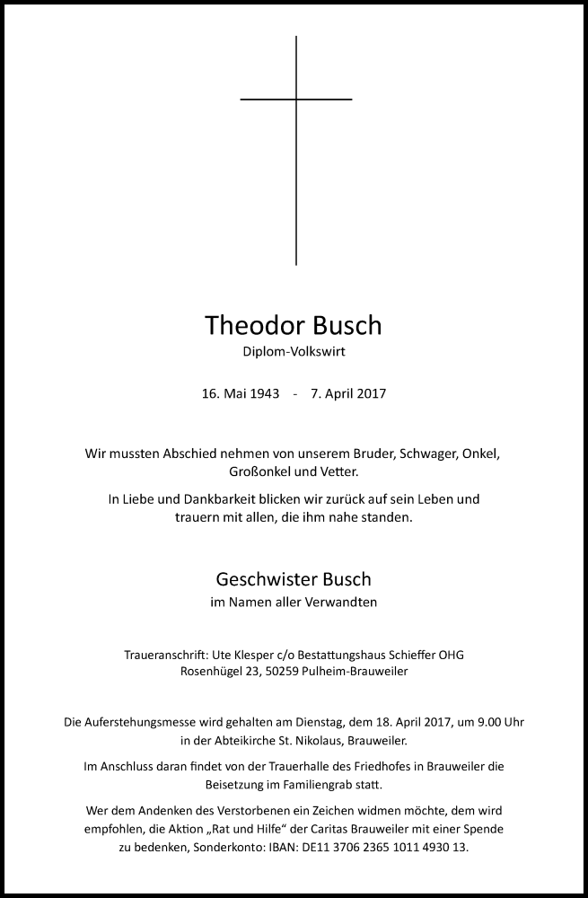  Traueranzeige für Theodor Busch vom 12.04.2017 aus Kölner Stadt-Anzeiger / Kölnische Rundschau / Express