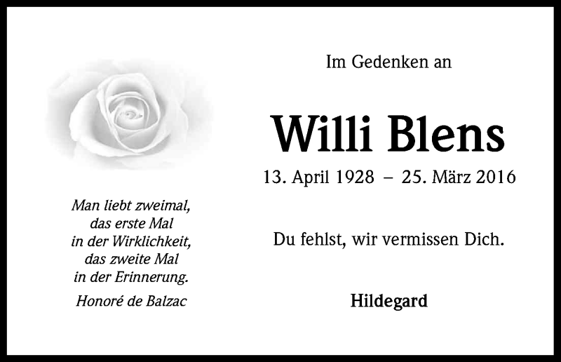  Traueranzeige für Willi Blens vom 13.04.2017 aus Kölner Stadt-Anzeiger / Kölnische Rundschau / Express
