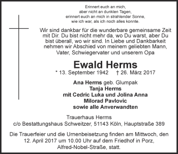 Anzeige von Ewald Herms von  Kölner Wochenspiegel 