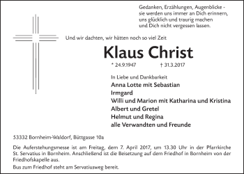 Anzeige von Klaus Christ von  Schlossbote/Werbekurier 