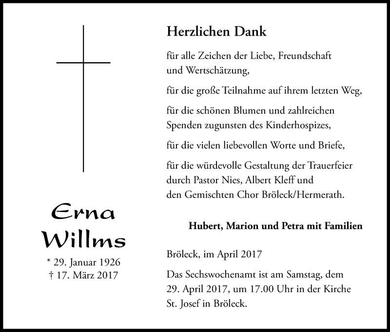  Traueranzeige für Erna Willms vom 22.04.2017 aus Kölner Stadt-Anzeiger / Kölnische Rundschau / Express