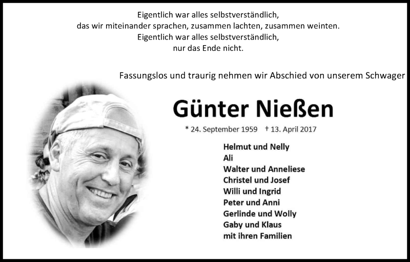  Traueranzeige für Günter Nießen vom 20.04.2017 aus Kölner Stadt-Anzeiger / Kölnische Rundschau / Express