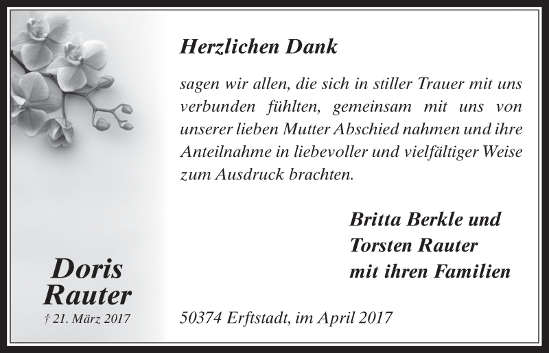  Traueranzeige für Doris Rauter vom 19.04.2017 aus  Werbepost 