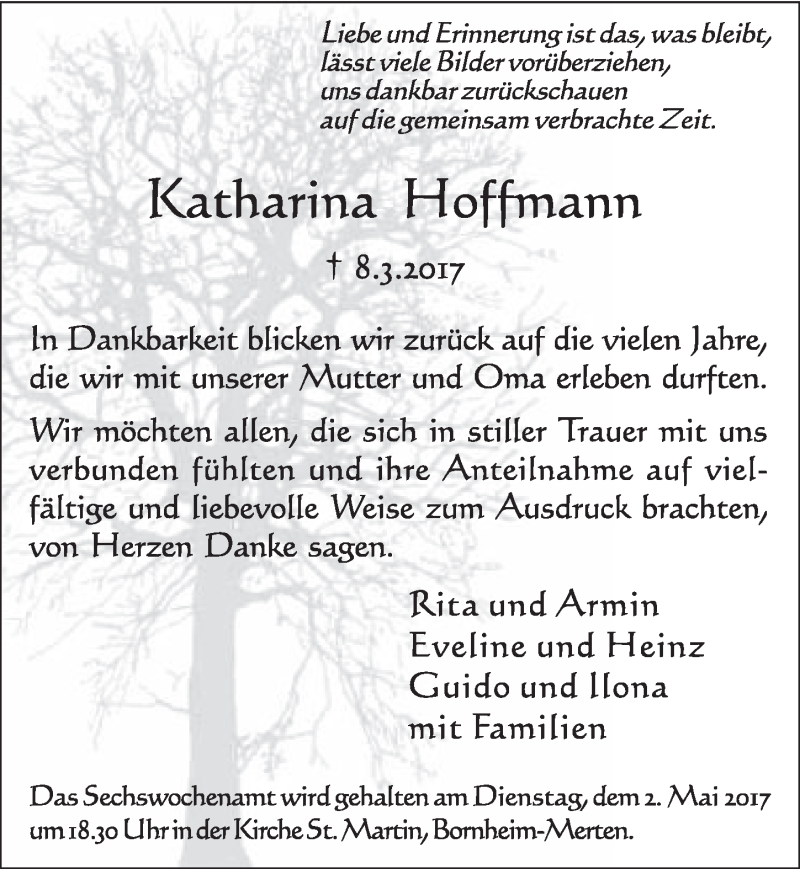 Traueranzeige für Katharina Hoffmann vom 19.04.2017 aus  Schlossbote/Werbekurier 