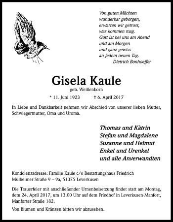 Anzeige von Gisela Kaule von Kölner Stadt-Anzeiger / Kölnische Rundschau / Express