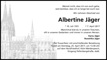 Anzeige von Albertine Jäger von Kölner Stadt-Anzeiger / Kölnische Rundschau / Express
