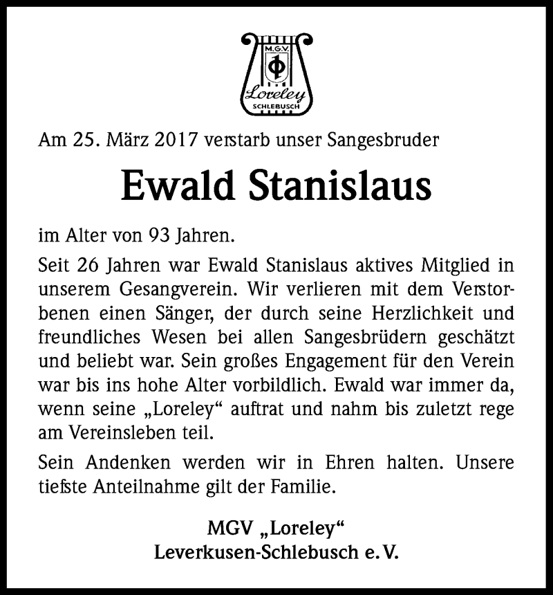  Traueranzeige für Ewald Stanislaus vom 04.04.2017 aus Kölner Stadt-Anzeiger / Kölnische Rundschau / Express