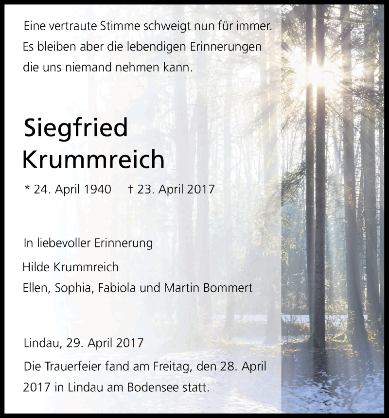 Traueranzeige für Siegfried Krummreich vom 29.04.2017 aus Kölner Stadt-Anzeiger / Kölnische Rundschau / Express