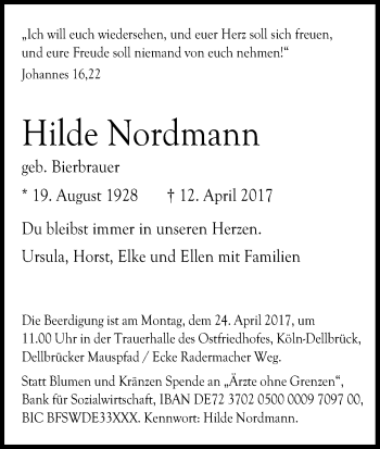 Anzeige von Hilde Nordmann von Kölner Stadt-Anzeiger / Kölnische Rundschau / Express