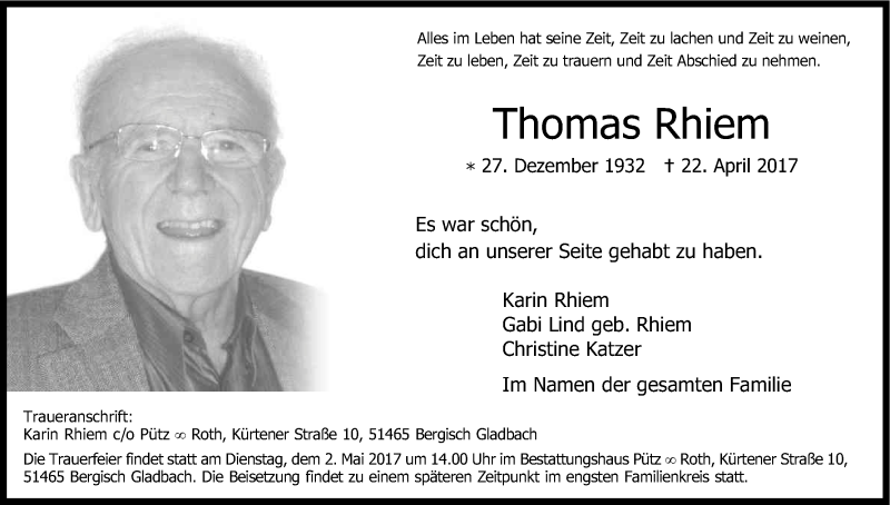  Traueranzeige für Thomas Rhiem vom 26.04.2017 aus Kölner Stadt-Anzeiger / Kölnische Rundschau / Express