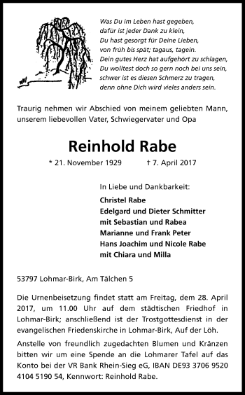 Anzeige von Reinhold Rabe von Kölner Stadt-Anzeiger / Kölnische Rundschau / Express