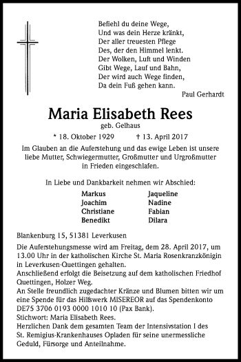 Anzeige von Maria Elisabeth Rees von Kölner Stadt-Anzeiger / Kölnische Rundschau / Express