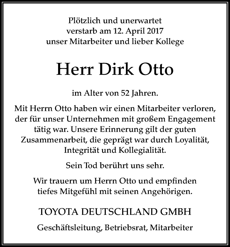  Traueranzeige für Dirk Otto vom 22.04.2017 aus Kölner Stadt-Anzeiger / Kölnische Rundschau / Express