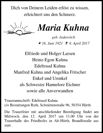 Anzeige von Maria Kuhna von Kölner Stadt-Anzeiger / Kölnische Rundschau / Express