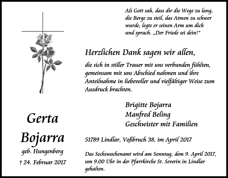  Traueranzeige für Gerta Bojarra vom 08.04.2017 aus Kölner Stadt-Anzeiger / Kölnische Rundschau / Express