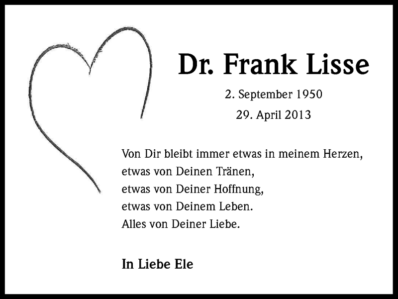  Traueranzeige für Frank Lisse vom 29.04.2017 aus Kölner Stadt-Anzeiger / Kölnische Rundschau / Express