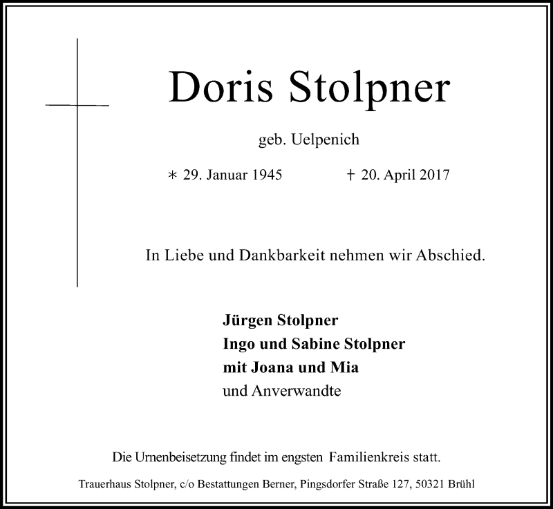  Traueranzeige für Doris Stolpner vom 29.04.2017 aus Kölner Stadt-Anzeiger / Kölnische Rundschau / Express