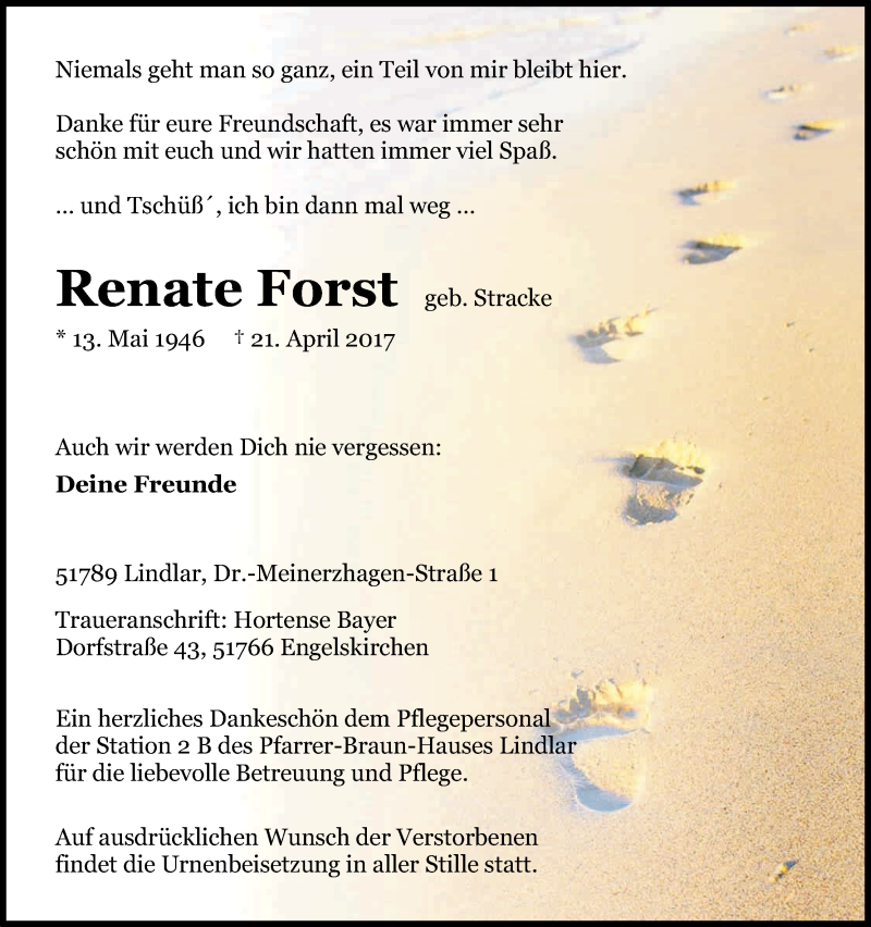  Traueranzeige für Renate Forst vom 26.04.2017 aus Kölner Stadt-Anzeiger / Kölnische Rundschau / Express