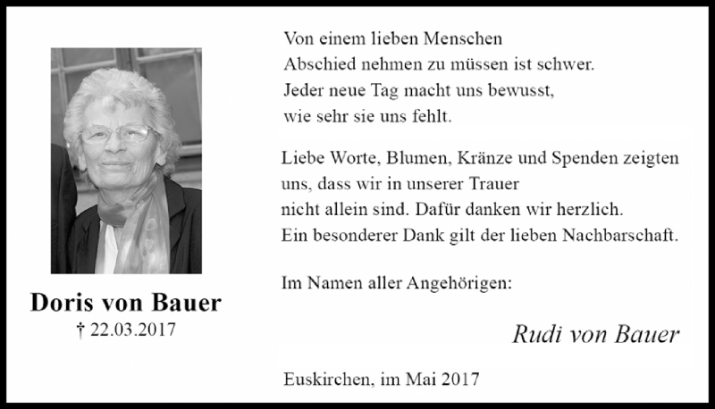  Traueranzeige für Doris von Bauer vom 29.04.2017 aus  Blickpunkt Euskirchen 