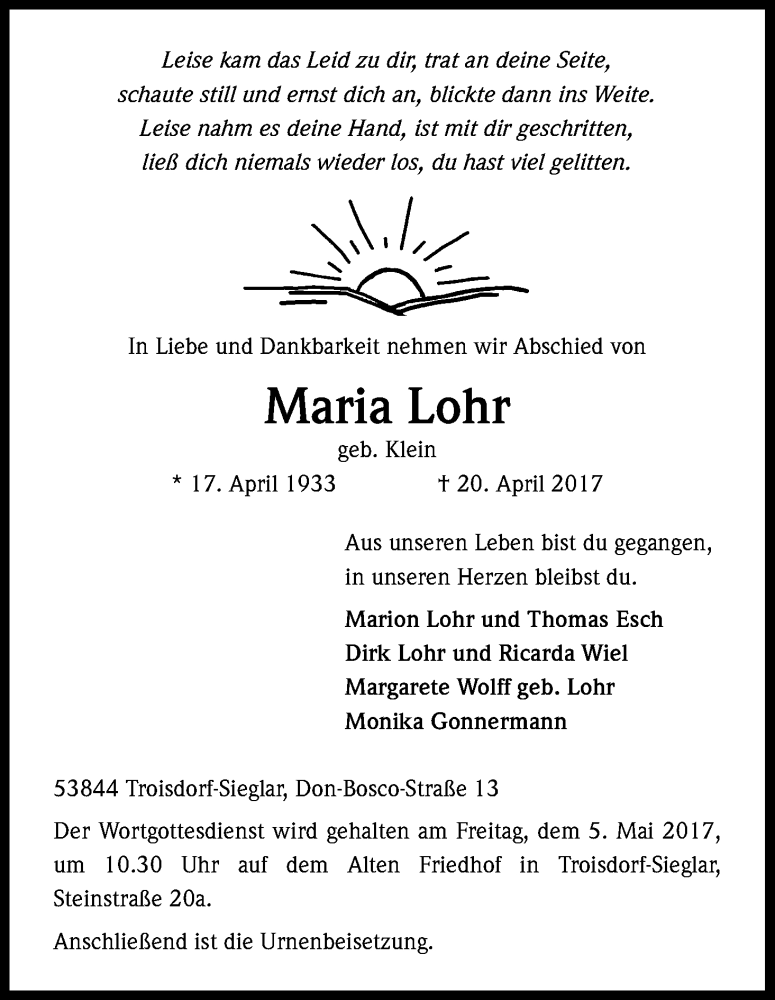  Traueranzeige für Maria Lohr vom 29.04.2017 aus Kölner Stadt-Anzeiger / Kölnische Rundschau / Express