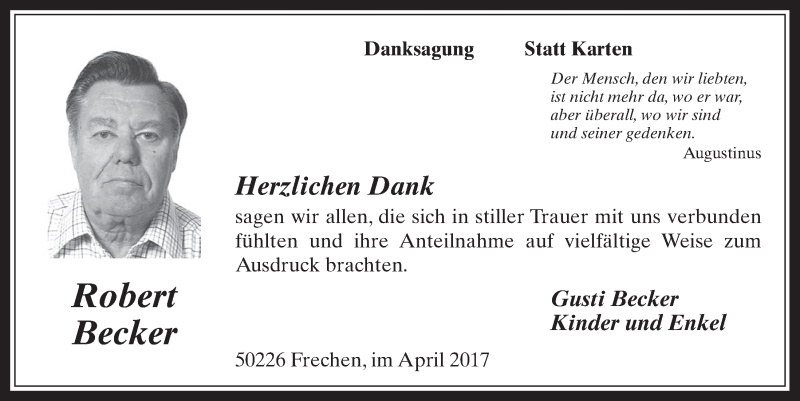  Traueranzeige für Robert Becker vom 05.04.2017 aus  Wochenende 