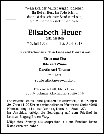 Anzeige von Elisabeth Heuer von Kölner Stadt-Anzeiger / Kölnische Rundschau / Express