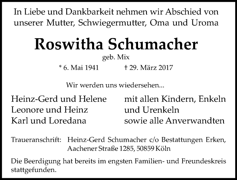  Traueranzeige für Roswitha Schumacher vom 08.04.2017 aus  Sonntags-Post 