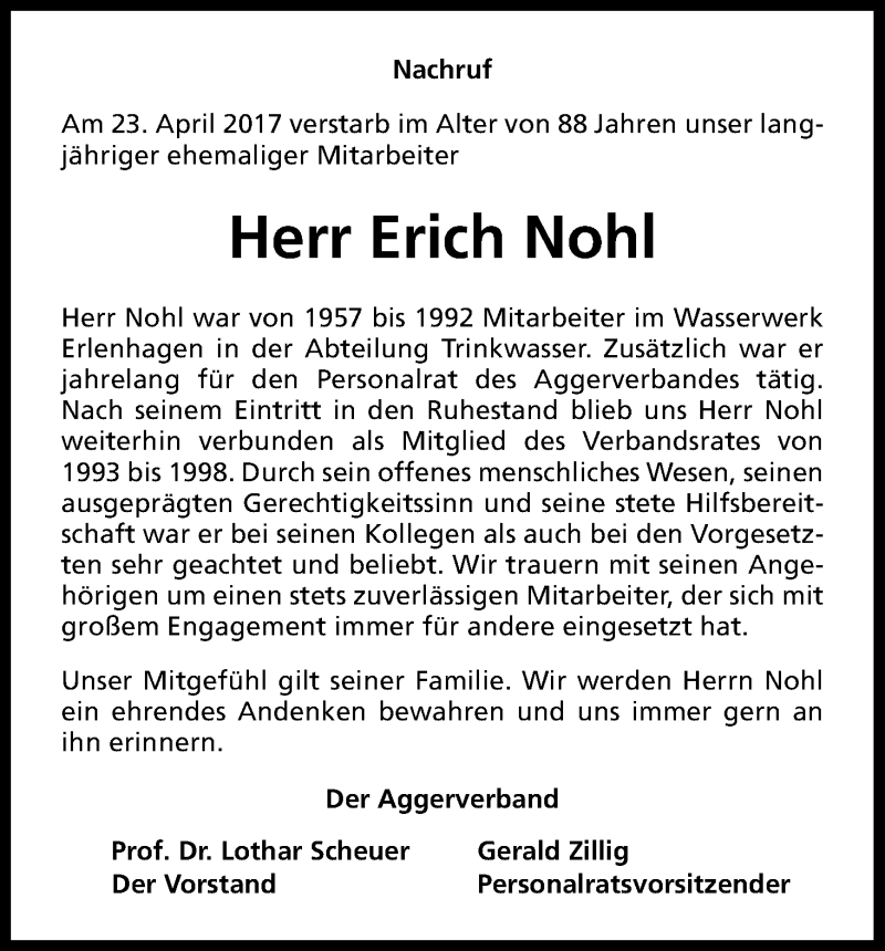  Traueranzeige für Erich Nohl vom 29.04.2017 aus Kölner Stadt-Anzeiger / Kölnische Rundschau / Express