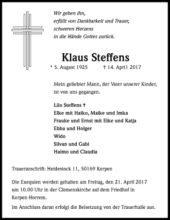 Anzeige von Klaus Steffens von Kölner Stadt-Anzeiger / Kölnische Rundschau / Express