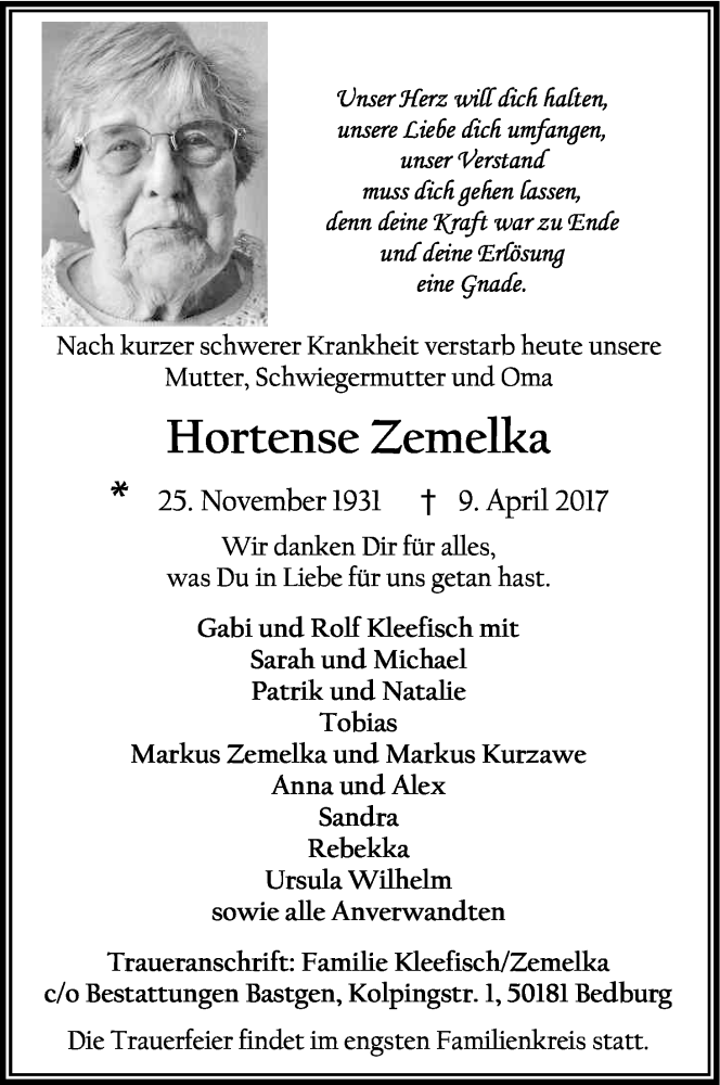  Traueranzeige für Hortense Zemelka vom 24.04.2017 aus Kölner Stadt-Anzeiger / Kölnische Rundschau / Express