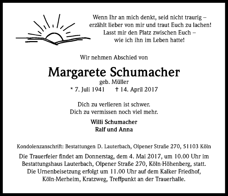  Traueranzeige für Margarete Schumacher vom 29.04.2017 aus Kölner Stadt-Anzeiger / Kölnische Rundschau / Express