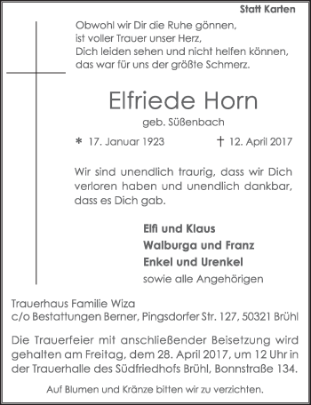 Anzeige von Elfriede Horn von  Schlossbote/Werbekurier 