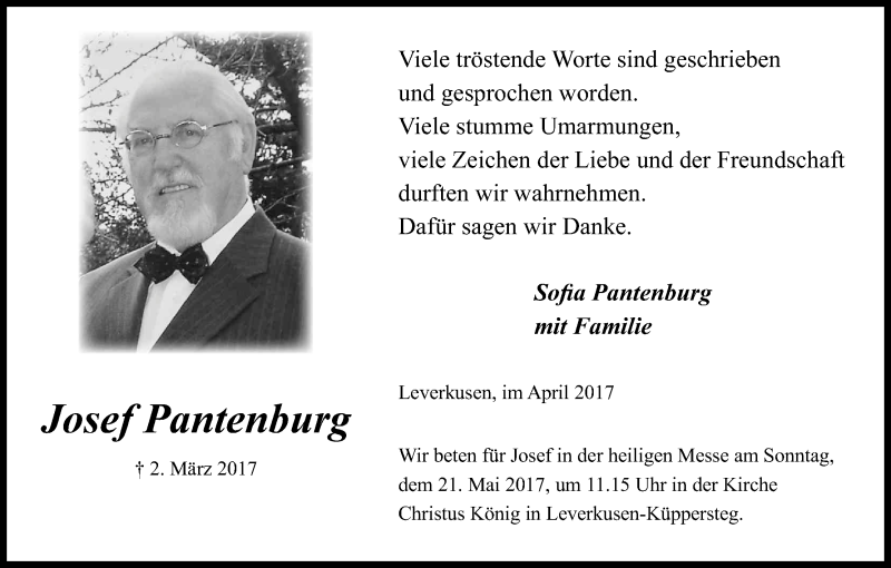  Traueranzeige für Josef Pantenburg vom 22.04.2017 aus Kölner Stadt-Anzeiger / Kölnische Rundschau / Express
