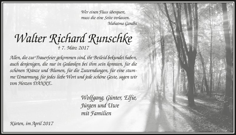  Traueranzeige für Walter Richard Runschke vom 12.04.2017 aus  Bergisches Handelsblatt 