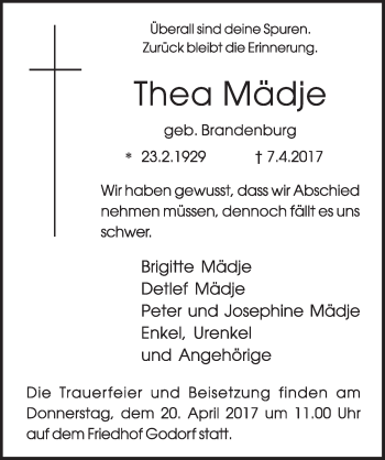 Anzeige von Thea Mädje von  Schlossbote/Werbekurier 