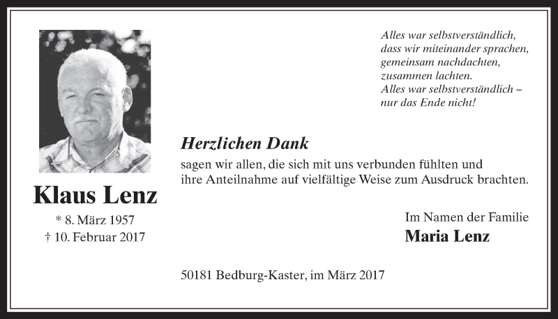  Traueranzeige für Klaus Lenz vom 05.04.2017 aus  Werbepost 