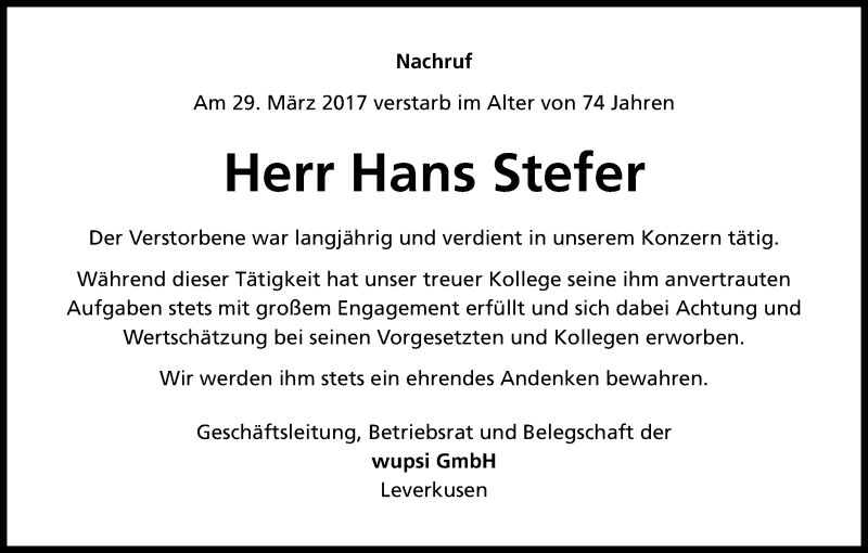  Traueranzeige für Hans Stefer vom 15.04.2017 aus Kölner Stadt-Anzeiger / Kölnische Rundschau / Express