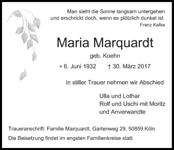 Anzeige von Maria Marquardt von Kölner Stadt-Anzeiger / Kölnische Rundschau / Express
