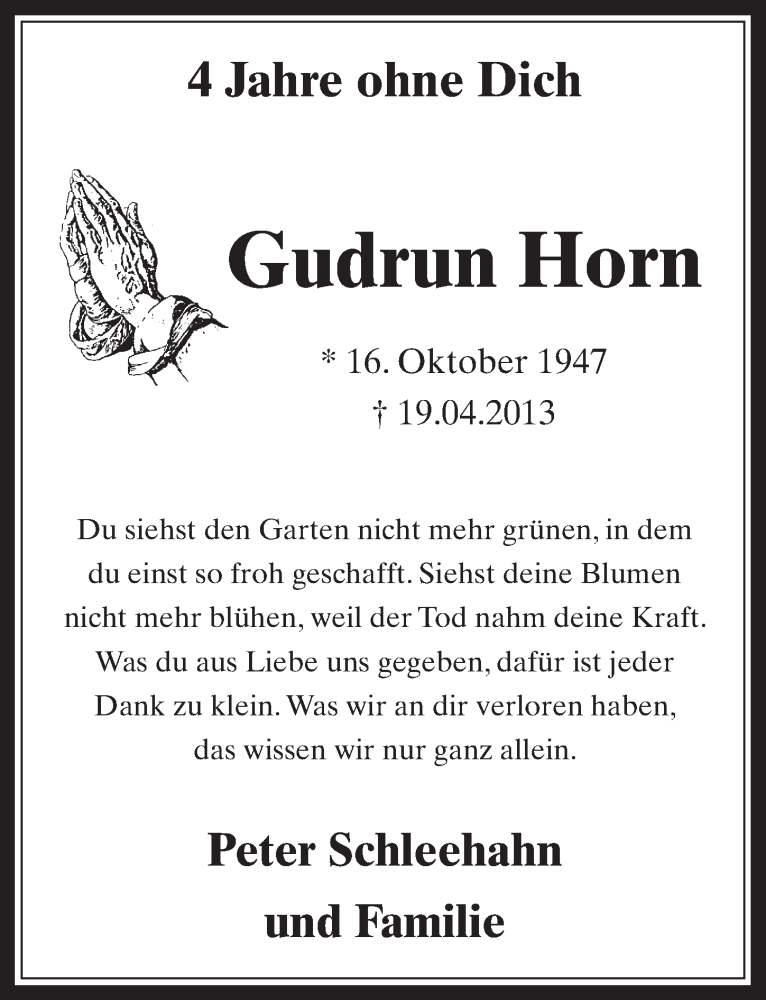  Traueranzeige für Gudrun Horn vom 19.04.2017 aus  Wochenende 