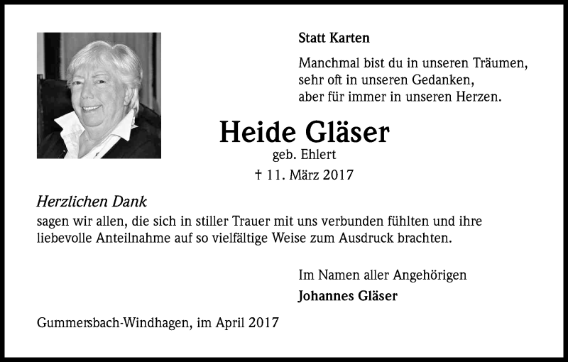  Traueranzeige für Heide Gläser vom 29.04.2017 aus Kölner Stadt-Anzeiger / Kölnische Rundschau / Express